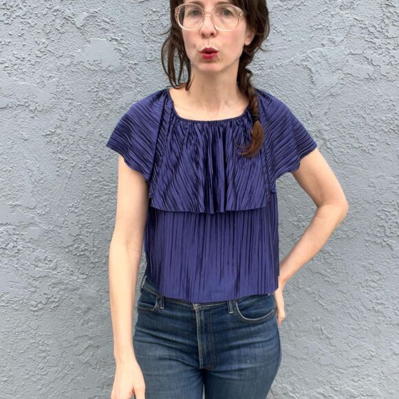 Vintage 80s Disco Shirt Off the shoulder Top Size Small - Picture 6 of 8